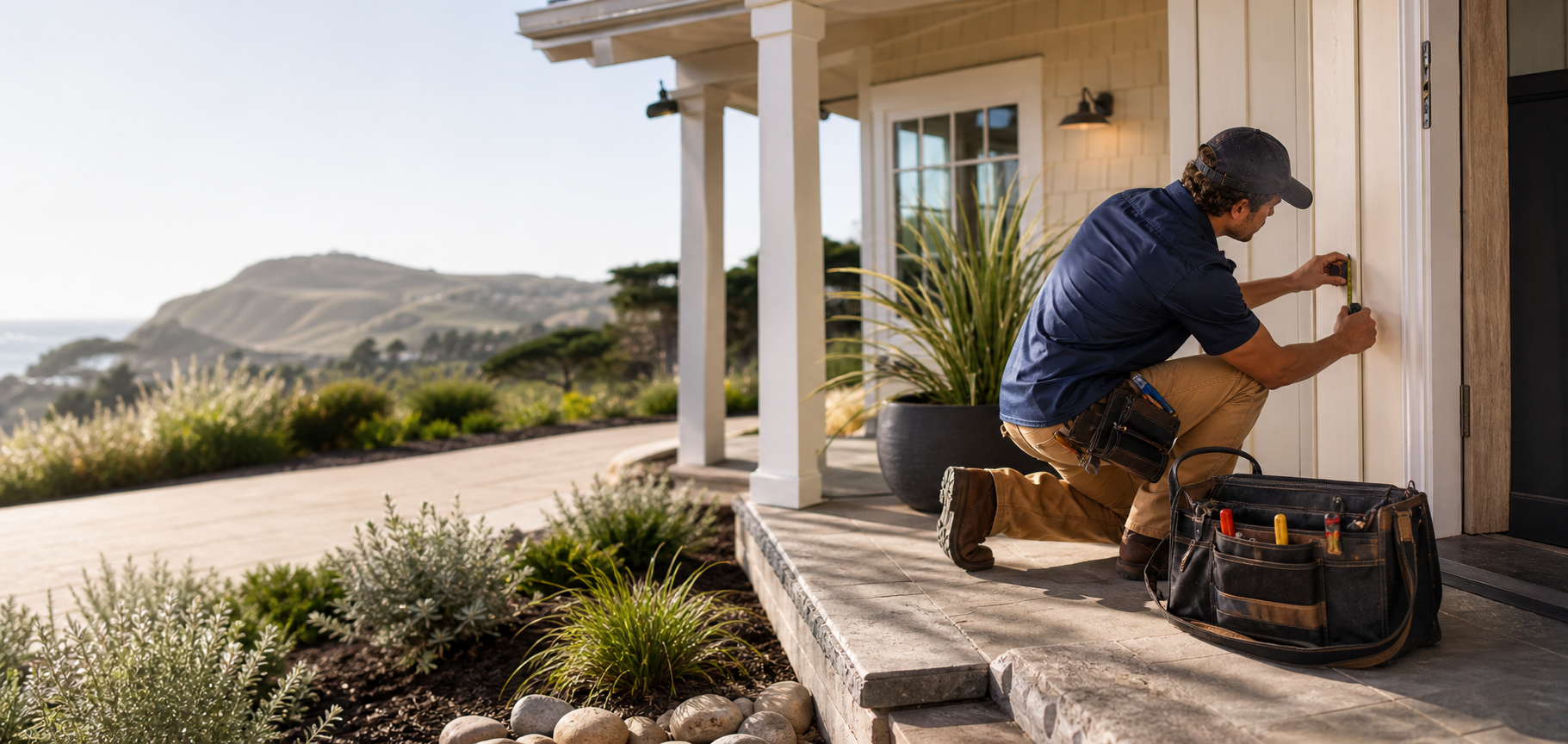 A local handyman working outside a San Luis Obispo home with organized tools